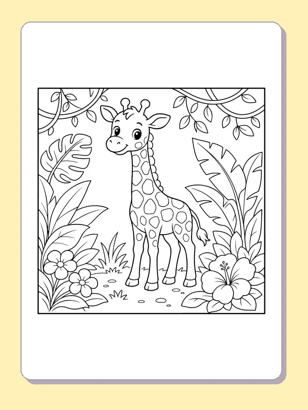 Black-and-white printable young giraffe among jungle leaves coloring sheet