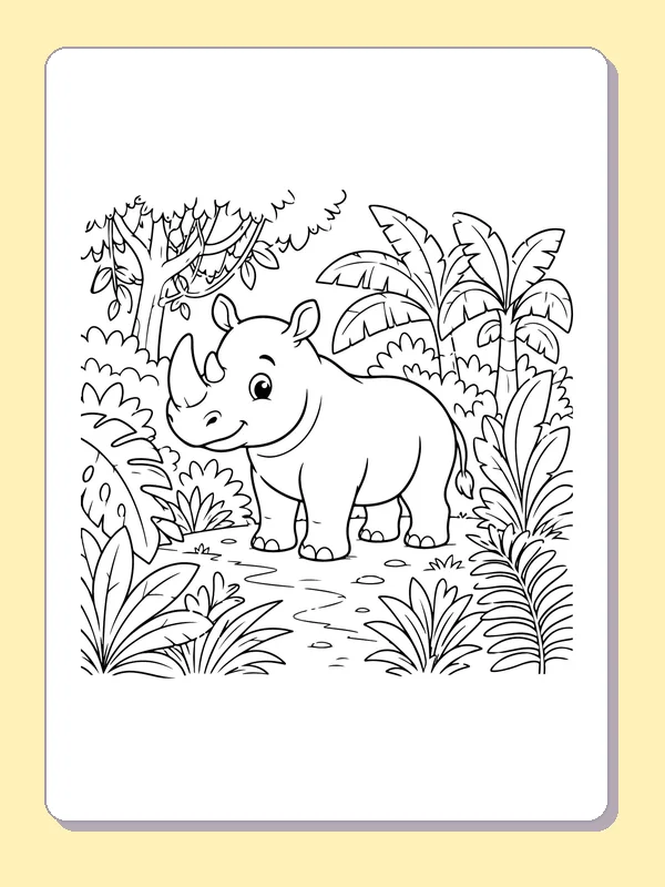 Black-and-white printable young rhino on a jungle path coloring sheet
