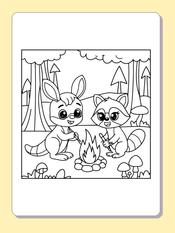 Black and white printable drawing of kangaroo and raccoon sitting together at a woodland campfire