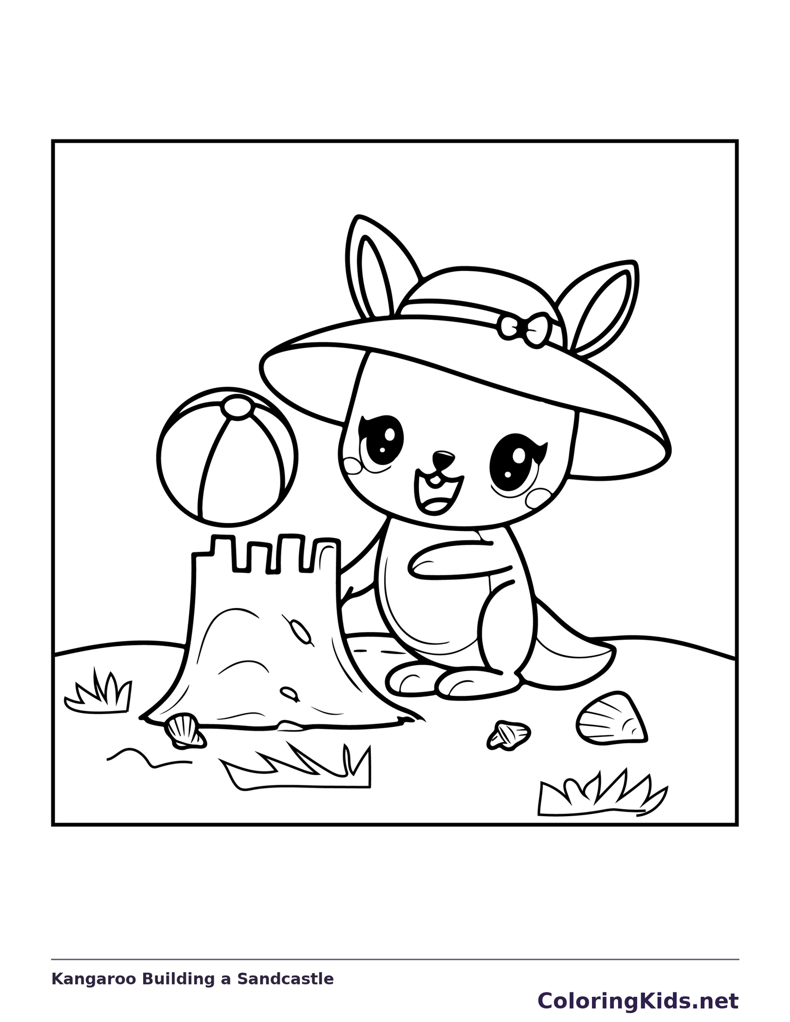 Black and white printable drawing of kangaroo in a sunhat beside a sandcastle and beach ball