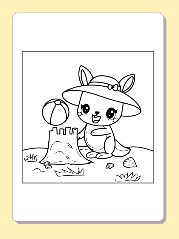 Black and white printable drawing of kangaroo in a sunhat beside a sandcastle and beach ball