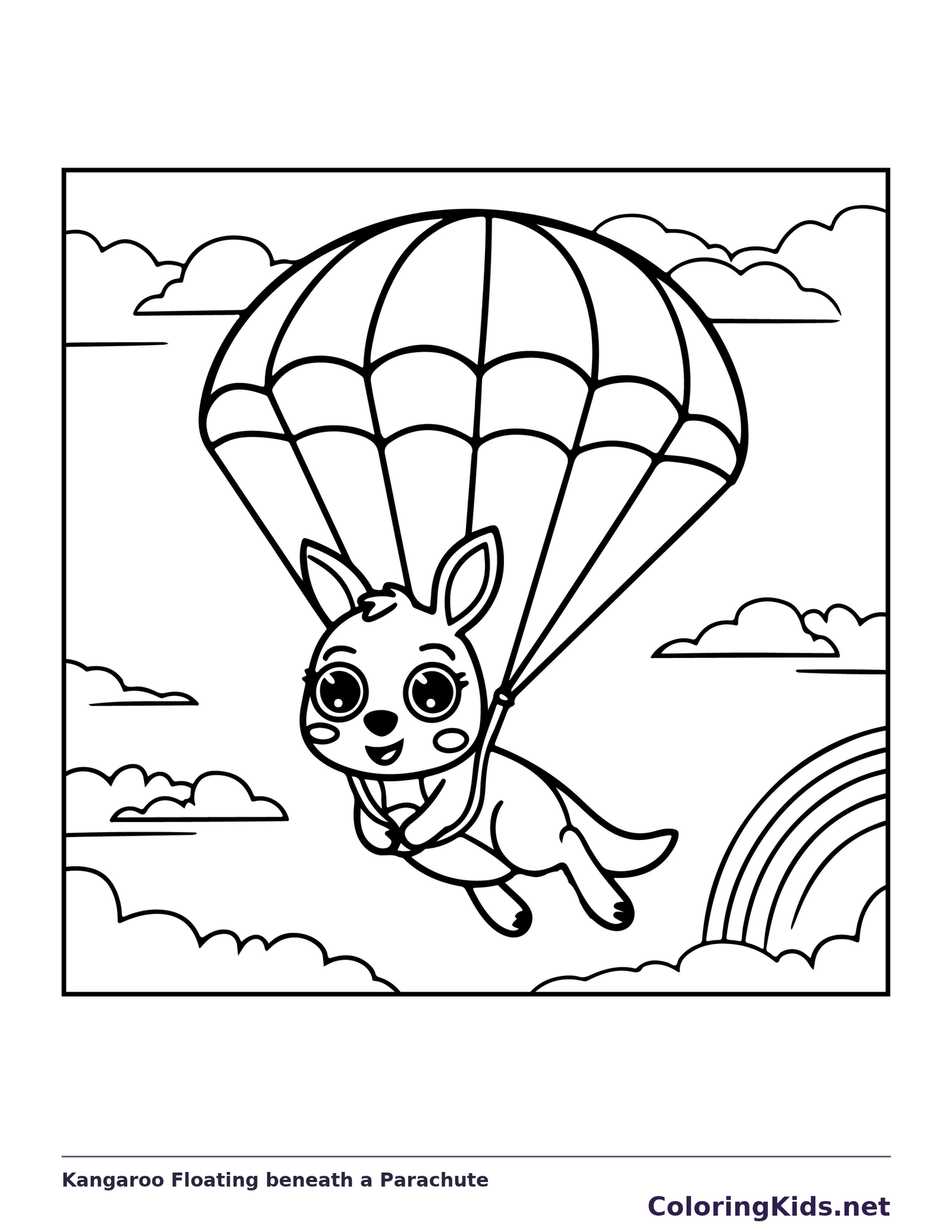 Black and white printable drawing of kangaroo floating beneath a large parachute over clouds