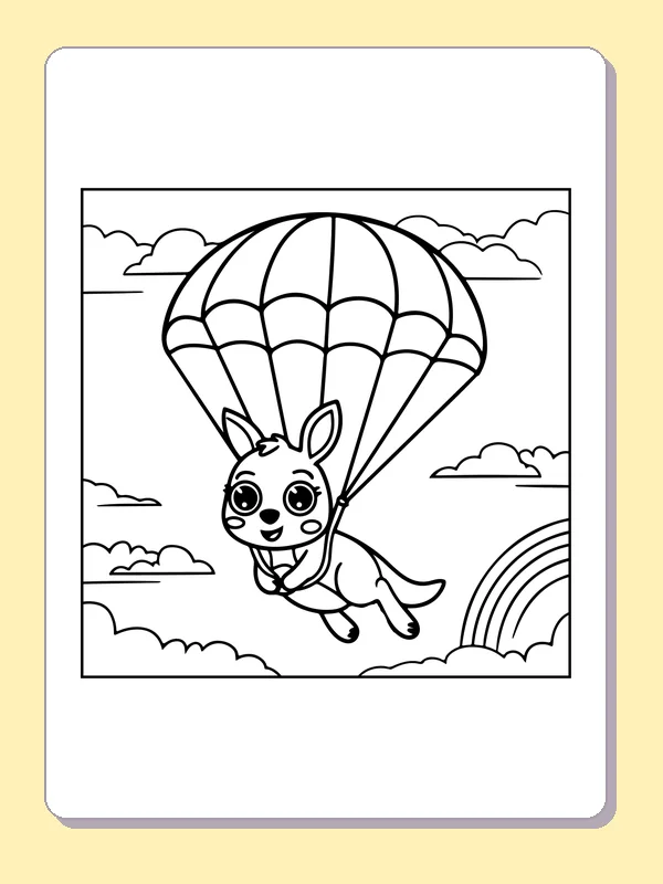 Black and white printable drawing of kangaroo floating beneath a large parachute over clouds