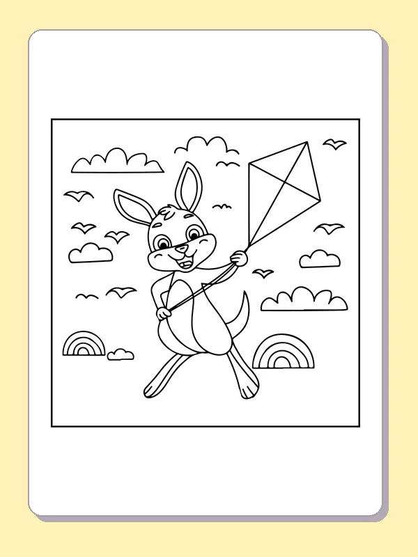 Black and white printable drawing of kangaroo flying a diamond kite beneath clouds and birds