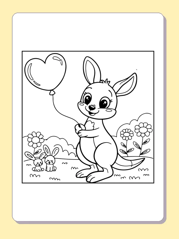 Black and white printable drawing of kangaroo holding a heart balloon near two small rabbits