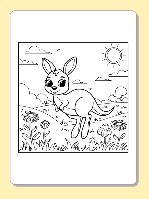 Black and white printable drawing of kangaroo hopping among daisies under sun and clouds