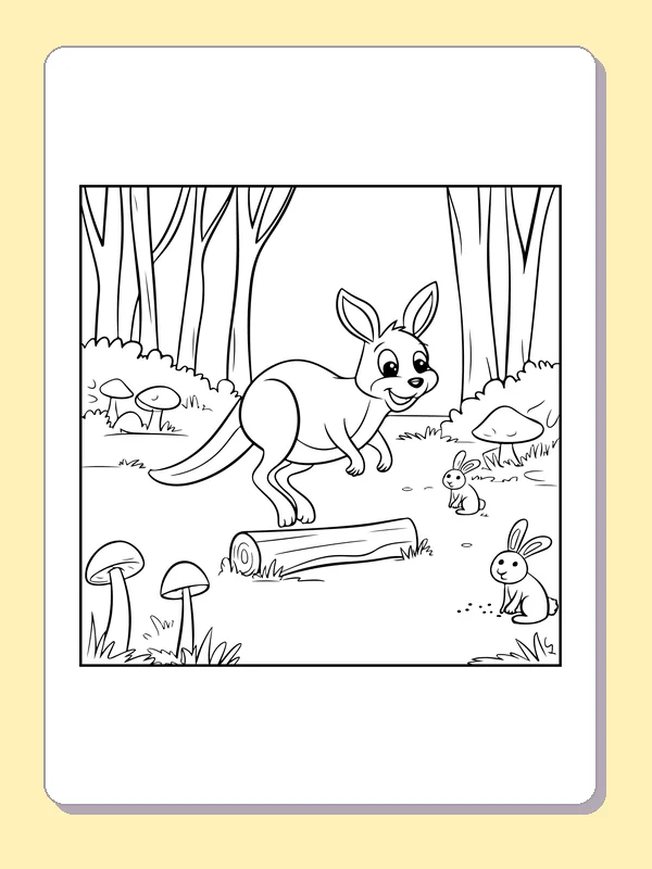 Black and white printable drawing of kangaroo hopping over a log on a woodland path with a rabbit