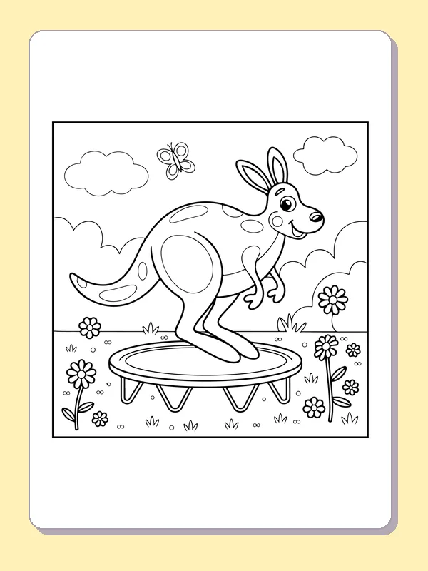 Black and white printable drawing of kangaroo jumping above a trampoline among flowers