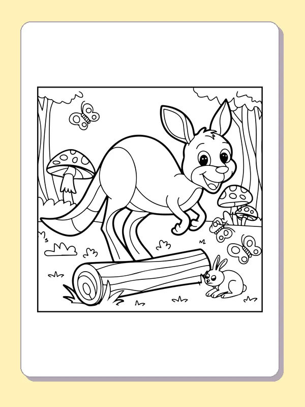 Black and white printable drawing of kangaroo jumping over a fallen log with a rabbit and mushrooms