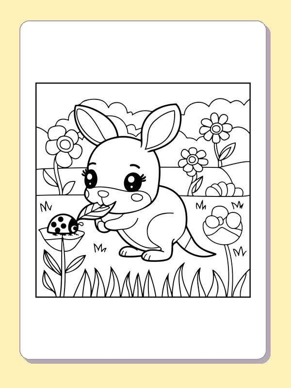 Black and white printable drawing of kangaroo meeting a ladybug among flowers and grass