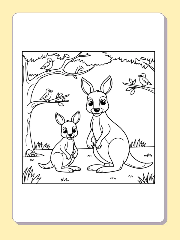Black and white printable drawing of kangaroo parent sitting with a joey beneath bird-filled trees