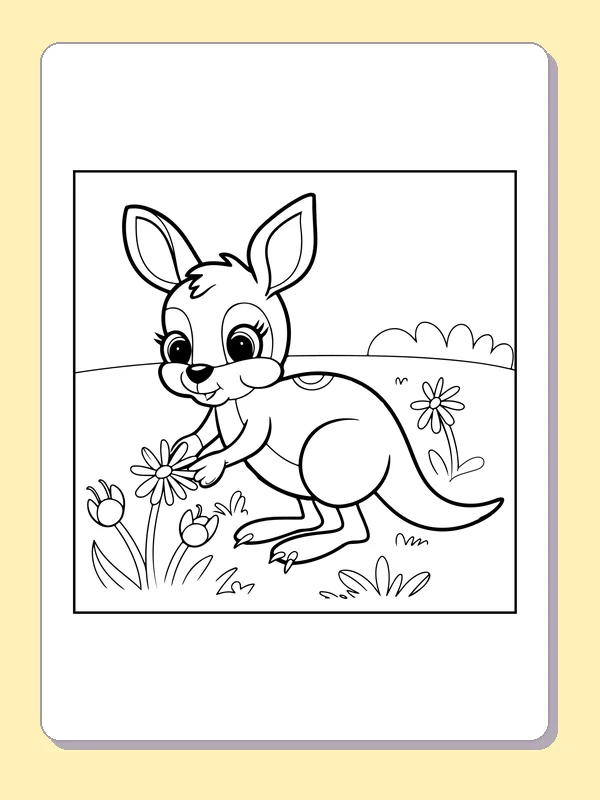 Black and white printable drawing of kangaroo picking a daisy in a sparse flower meadow