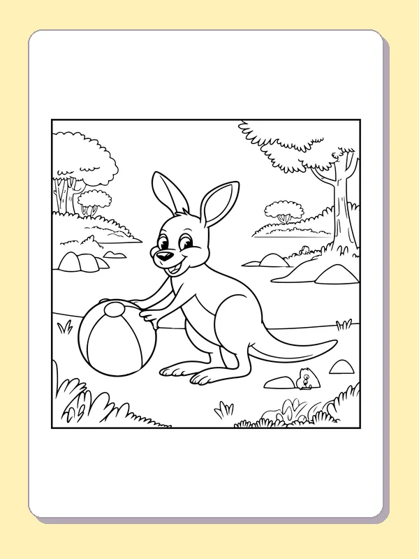 Black and white printable drawing of kangaroo playing with a beach ball near trees and a rabbit