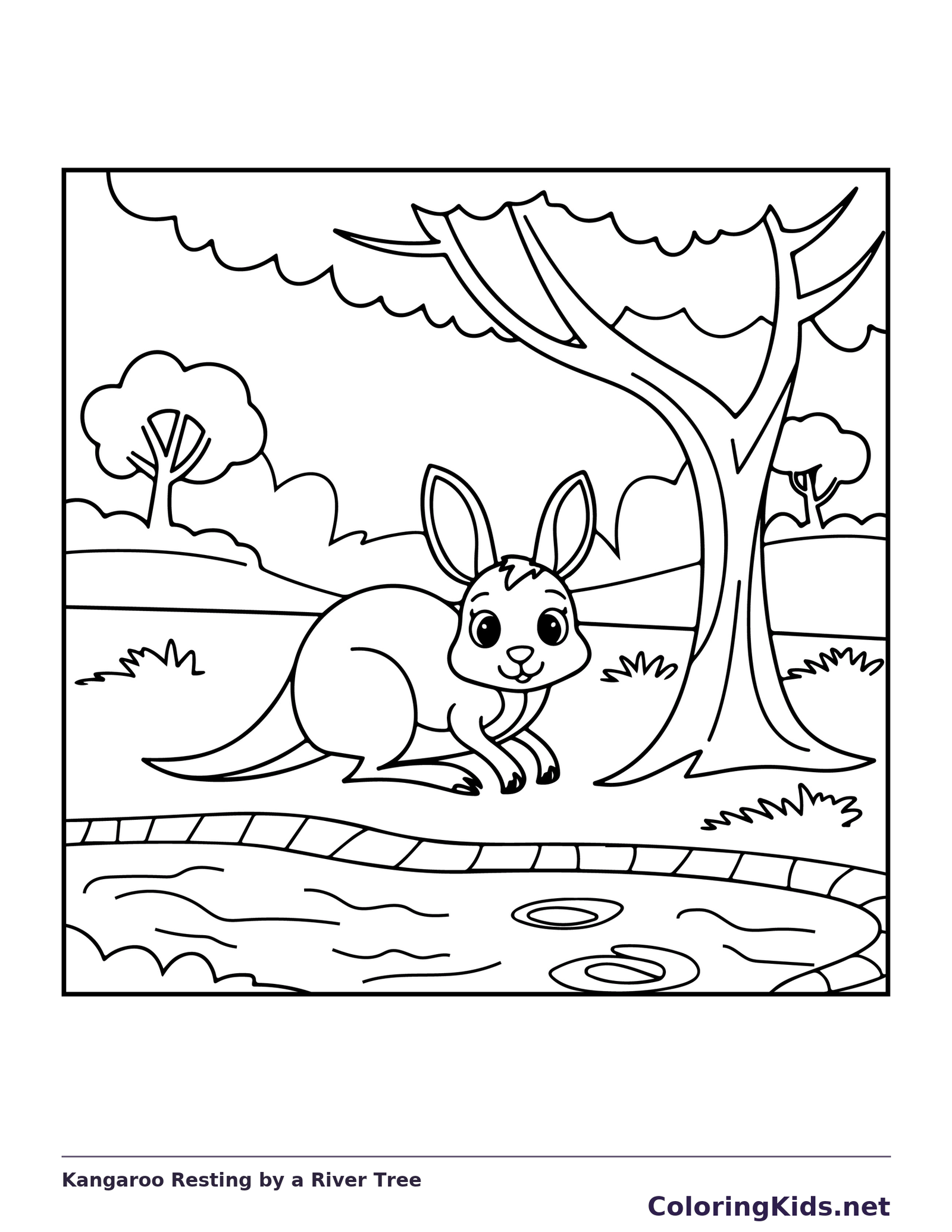 Black and white printable drawing of kangaroo resting beneath a tree beside a river