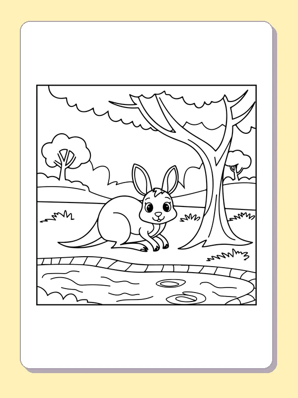 Black and white printable drawing of kangaroo resting beneath a tree beside a river