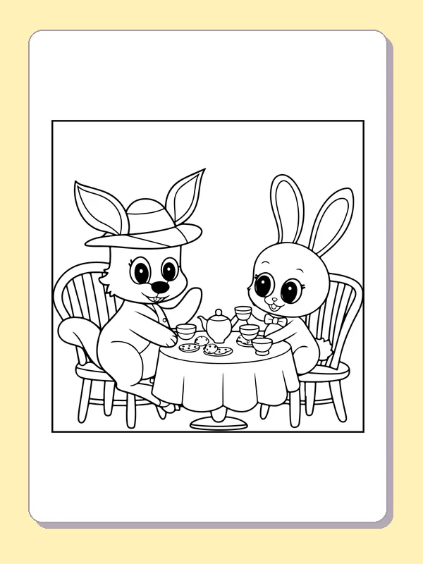 Black and white printable drawing of kangaroo in a hat sharing tea with a rabbit at a table