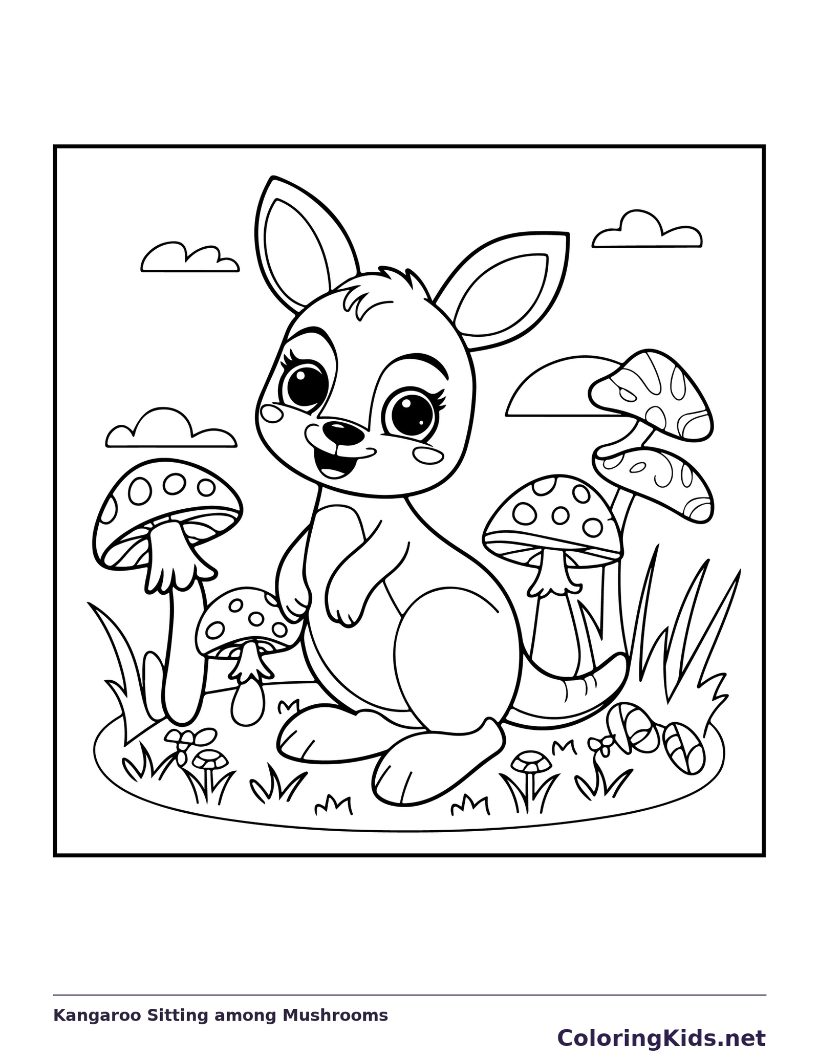 Black and white printable drawing of kangaroo sitting in grass among spotted mushrooms