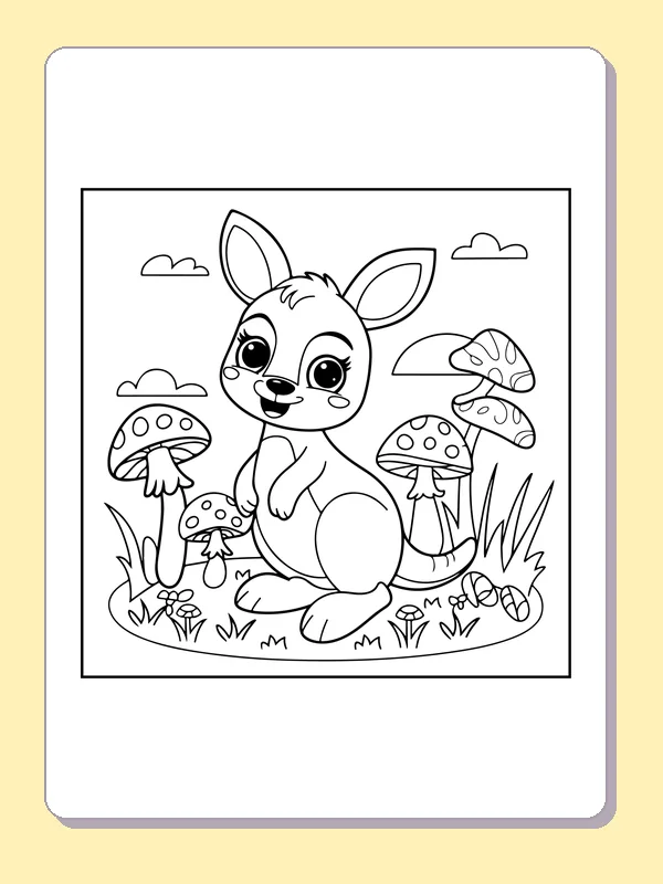 Black and white printable drawing of kangaroo sitting in grass among spotted mushrooms