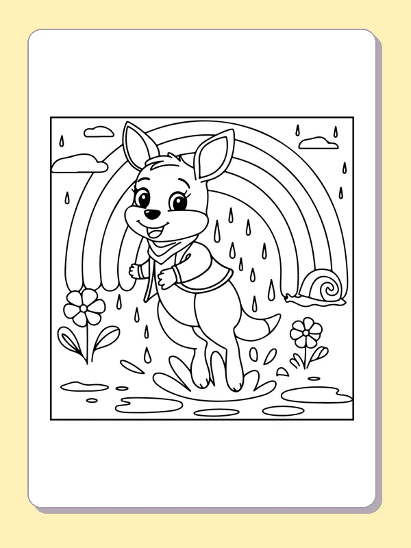 Black and white printable drawing of kangaroo splashing in a rain puddle beneath a rainbow