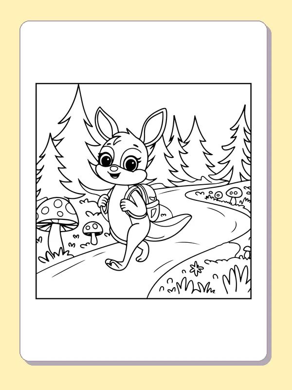 Black and white printable drawing of kangaroo carrying a bag on a forest trail with pine trees