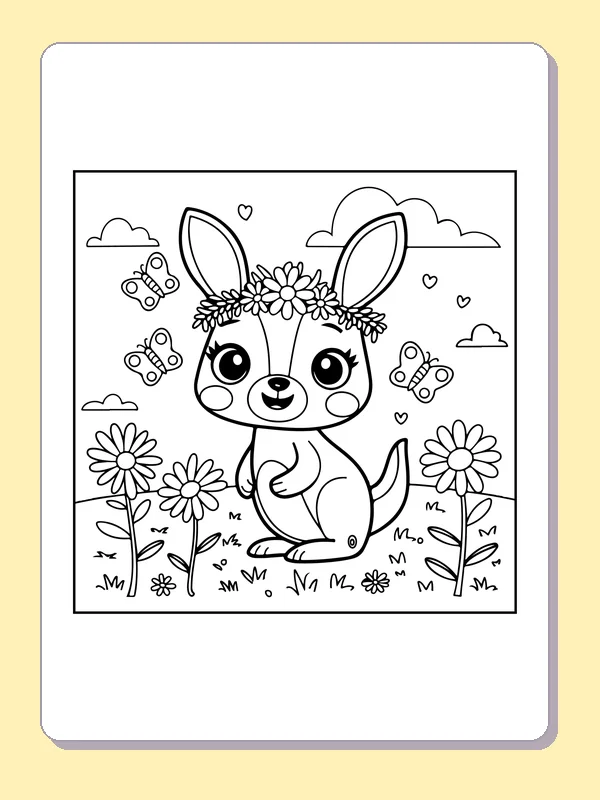 Black and white printable drawing of kangaroo wearing a flower crown with butterflies and blossoms