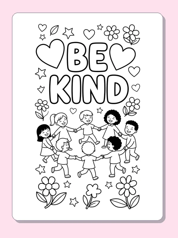 BE KIND lettering above children holding hands, with hearts, stars and flowers around them.