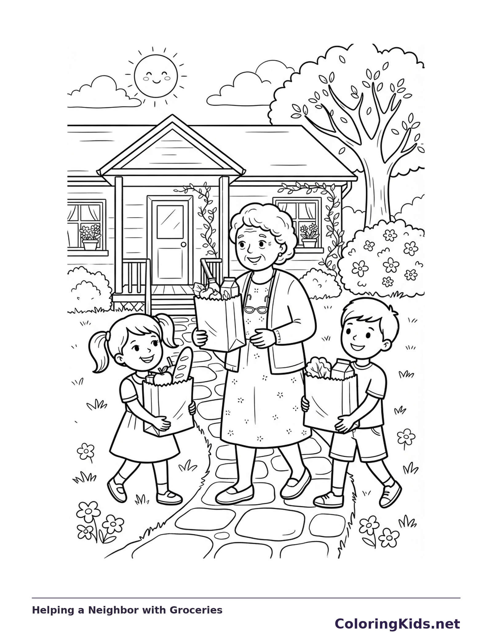 Helping a Neighbor with Groceries coloring page | ColoringKids.net