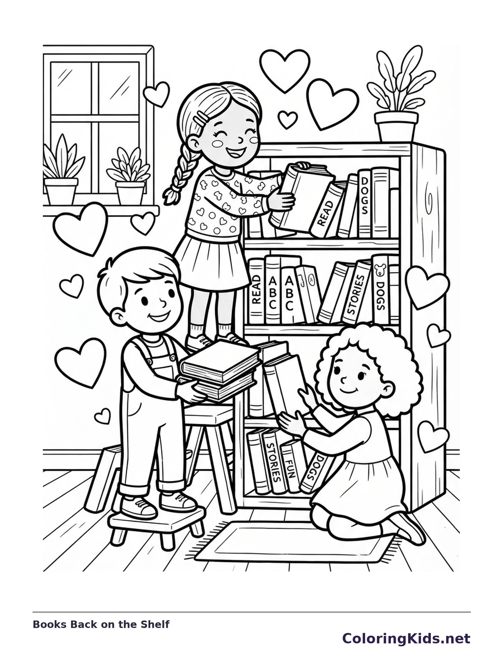 Three children returning scattered books to a shelf near a classroom window.
