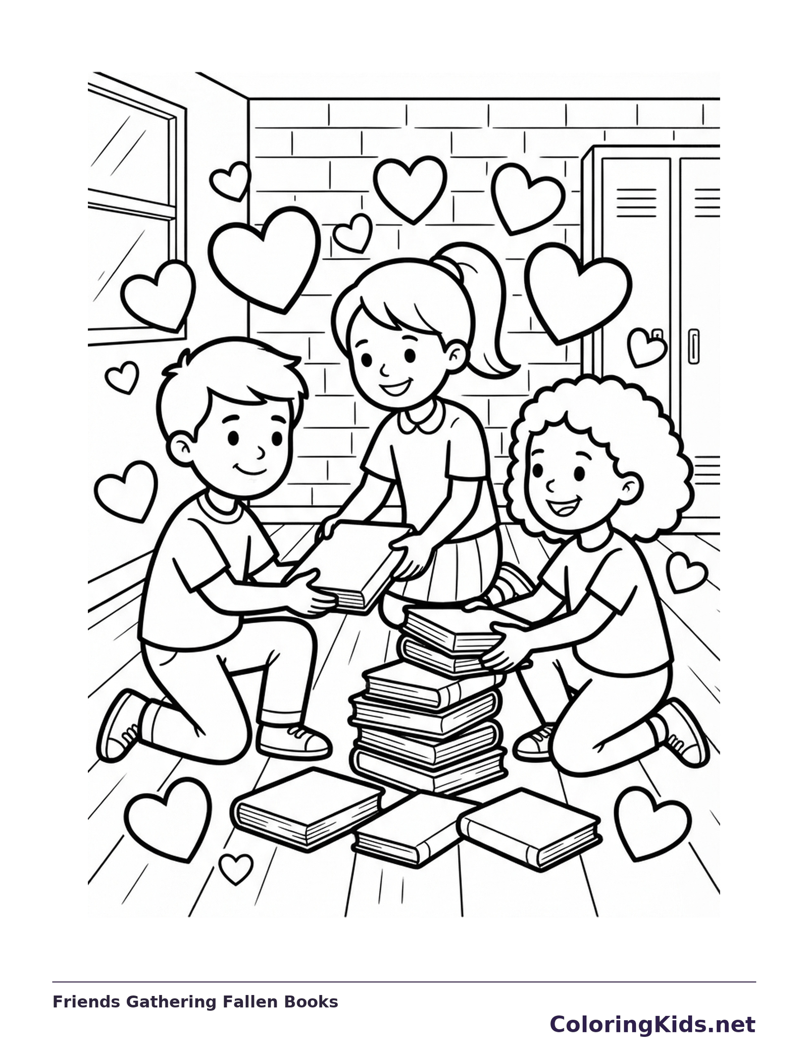 Three children gathering scattered books into a stack near school lockers, with hearts overhead.