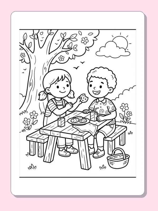 Two children sharing food at an outdoor picnic table beneath a tree.