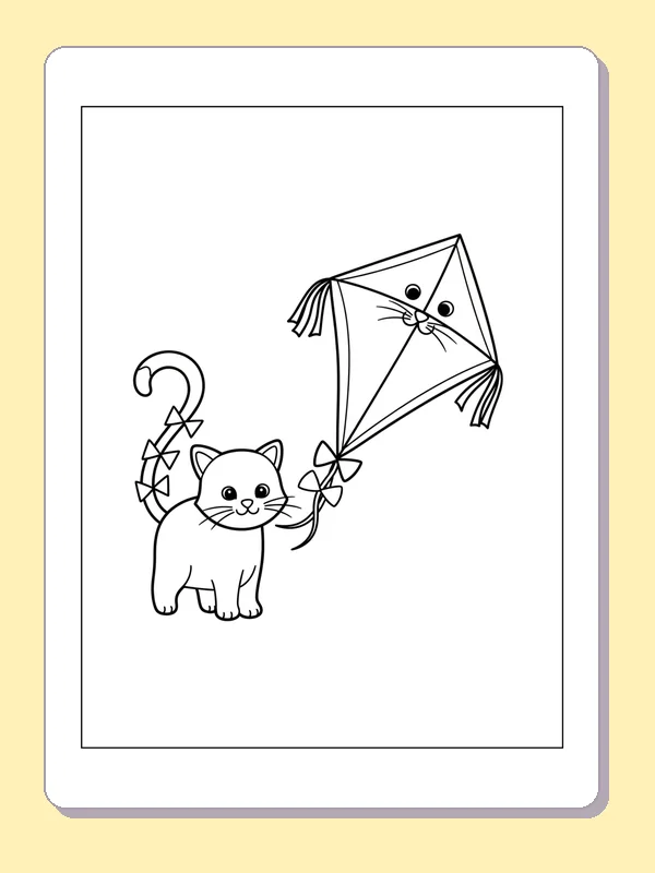 Black and white printable cat holding a diamond kite coloring sheet