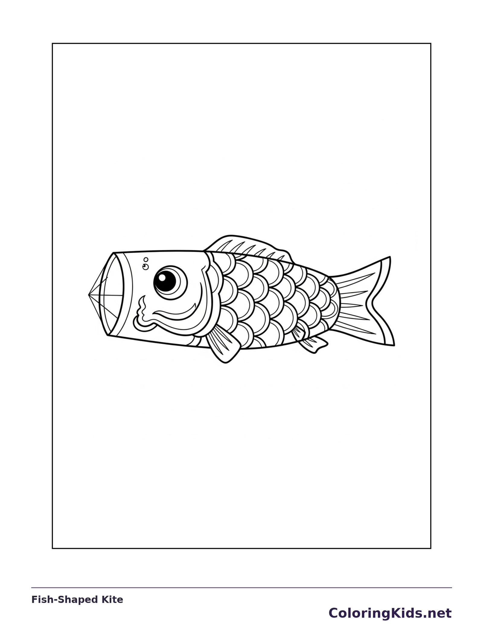 Black and white printable fish-shaped kite coloring sheet