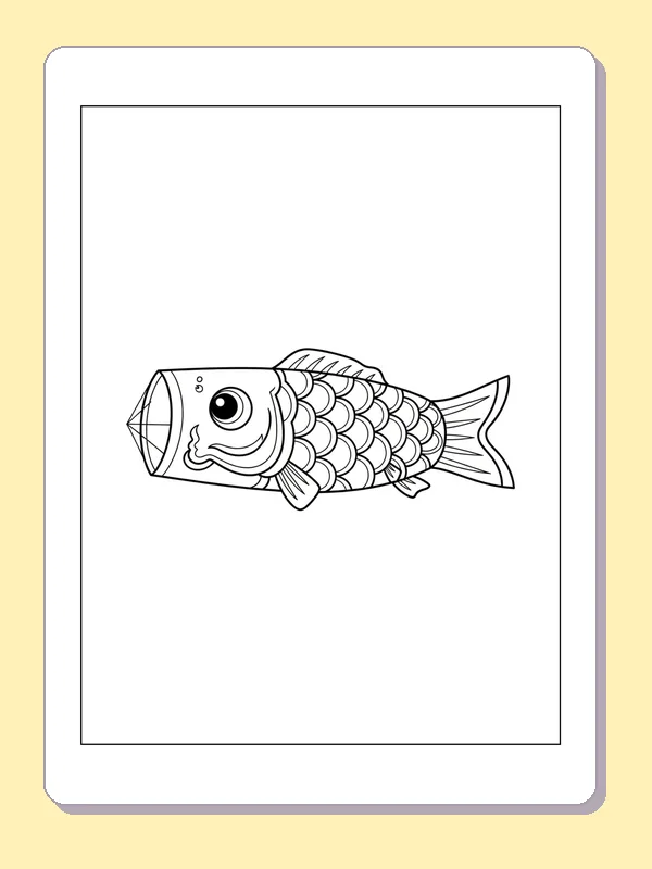 Black and white printable fish-shaped kite coloring sheet