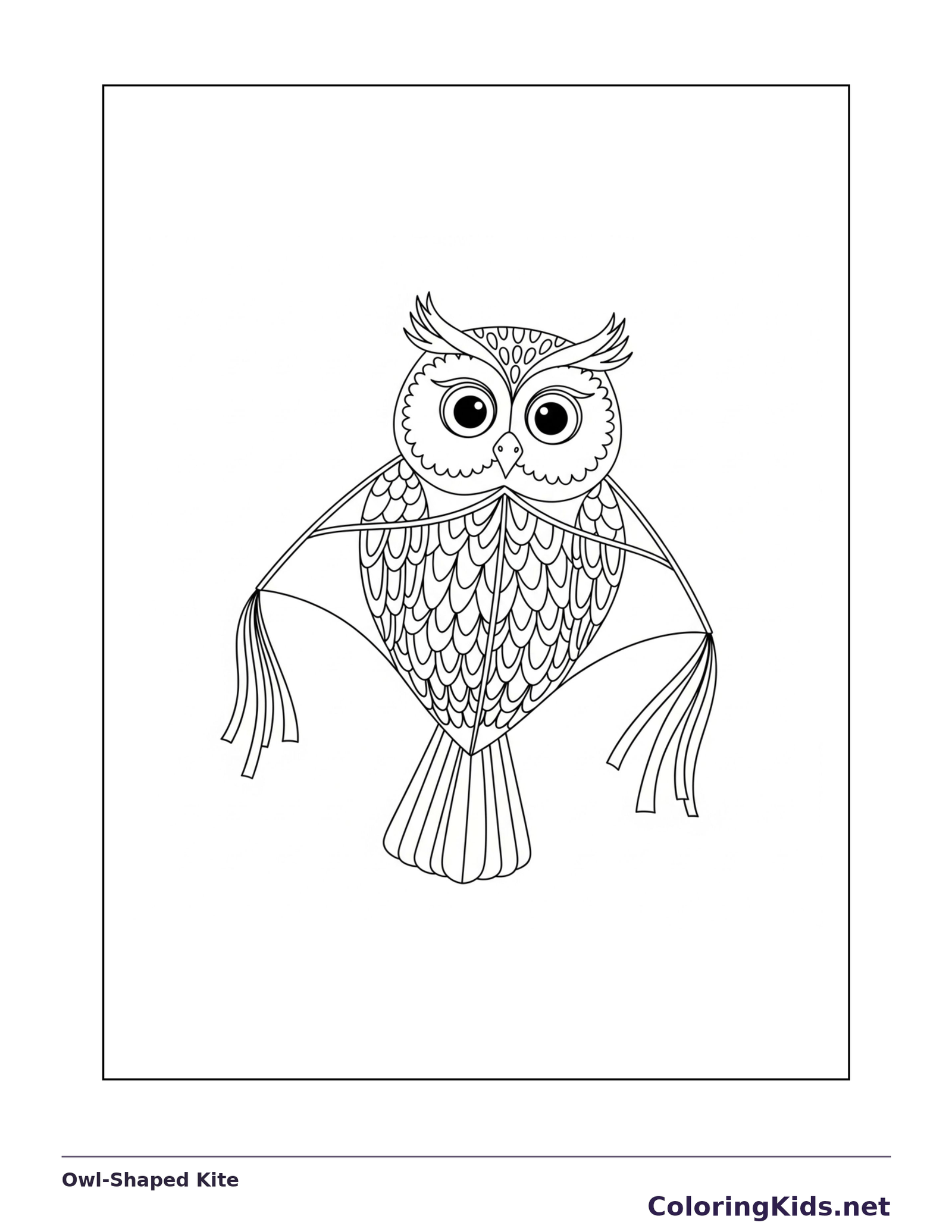 Black and white printable owl-shaped kite coloring sheet