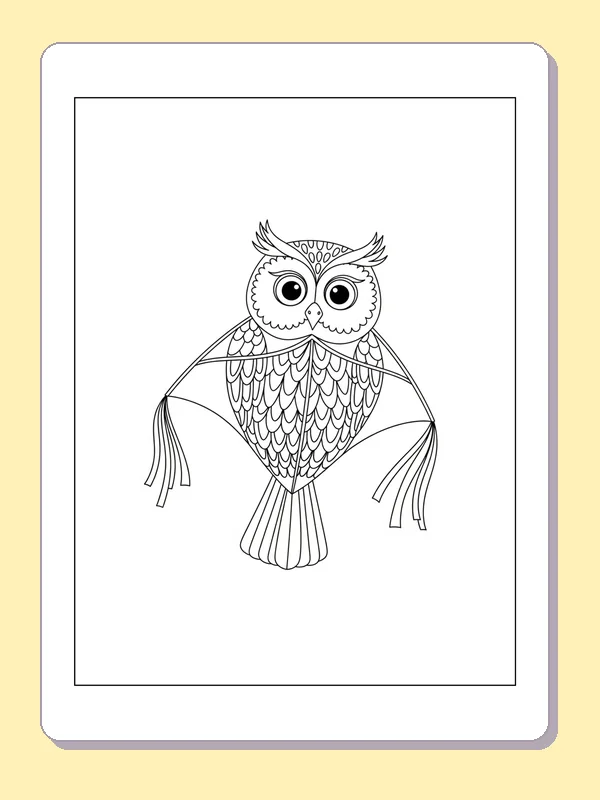Black and white printable owl-shaped kite coloring sheet