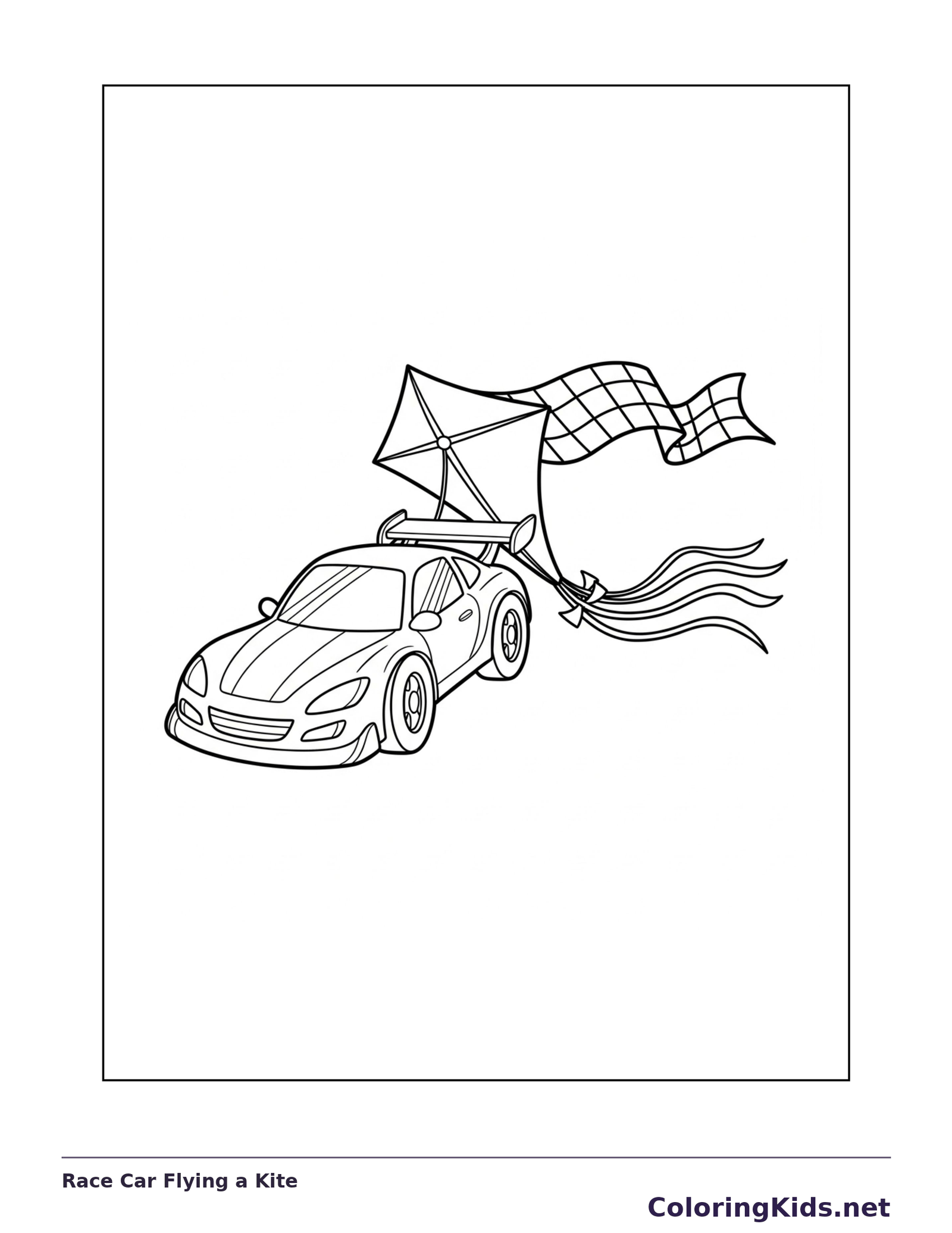 Black and white printable race car flying a kite coloring sheet