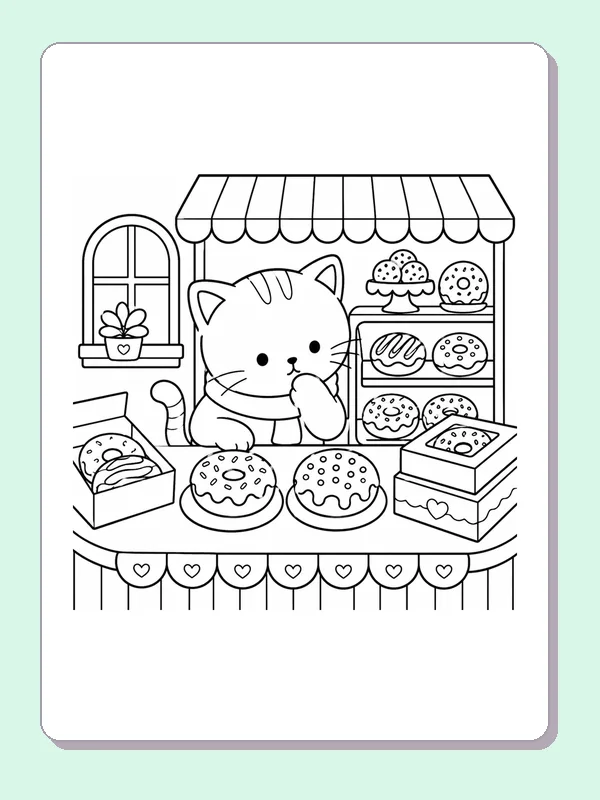 Kitten behind a donut bakery counter with striped awning and pastry boxes