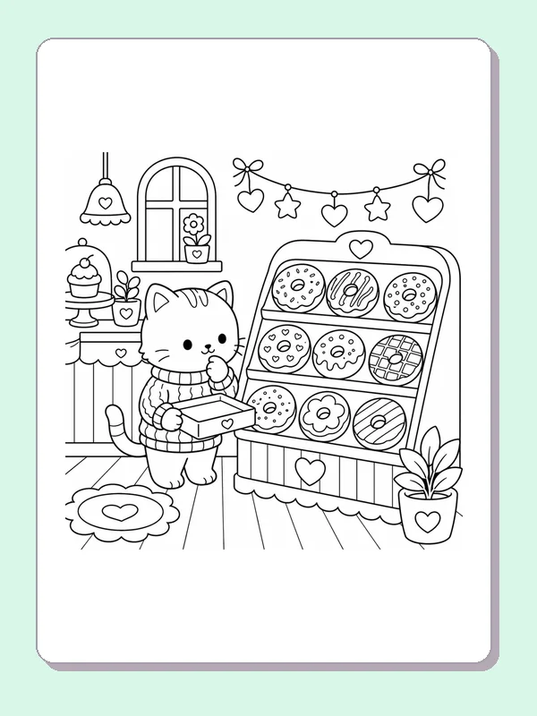Kitten carrying a pastry box beside a tall case of donuts and hanging lights