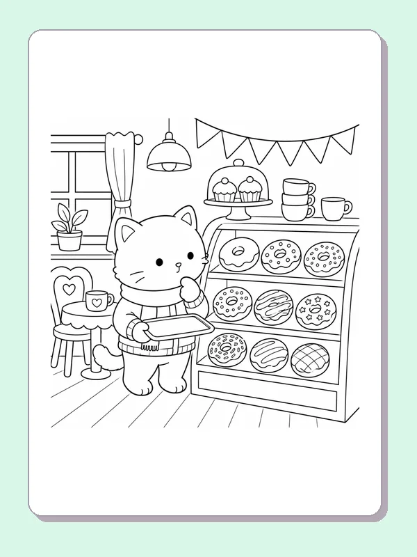 Kitten carrying a tray of donuts beside a bakery display case
