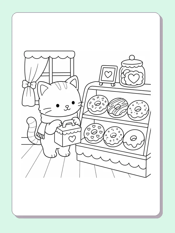 Kitten holding a pastry bag beside a donut display and curtained window