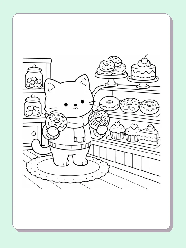 Kitten holding two donuts in front of shelves of pastries