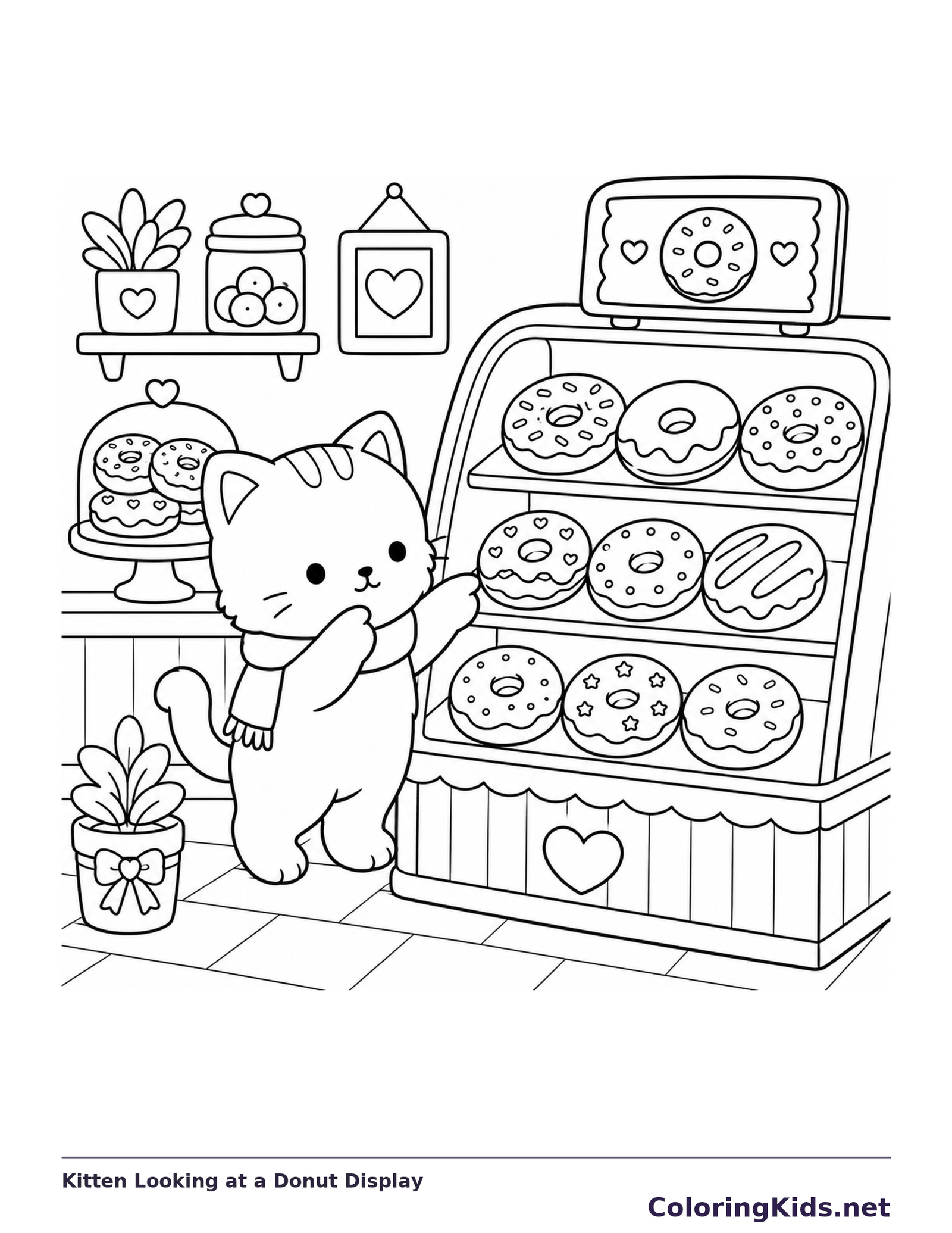 Kitten looking at a tall donut display beside shelves, jars and a plant