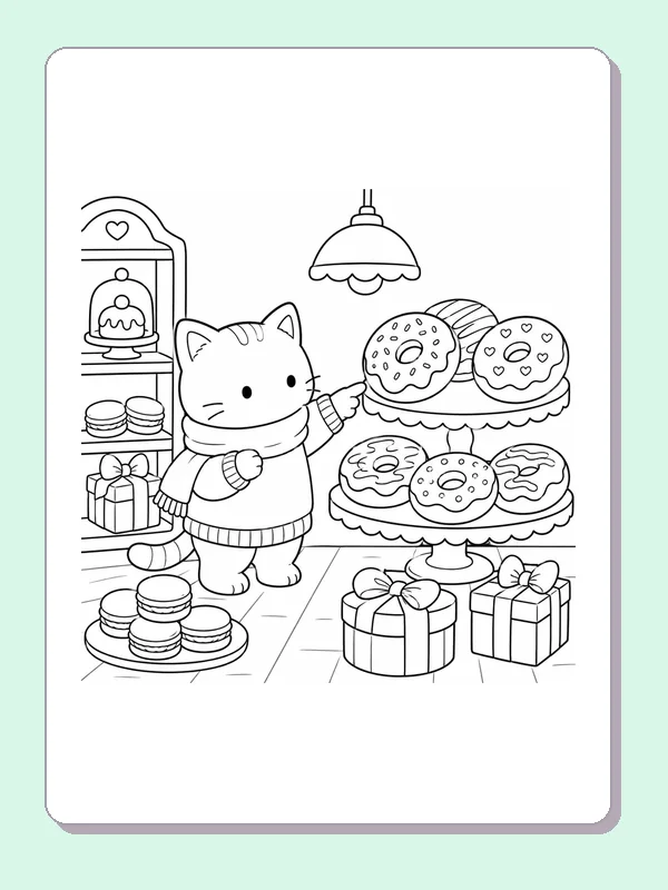 Kitten presenting a tiered donut display beside wrapped pastry gifts