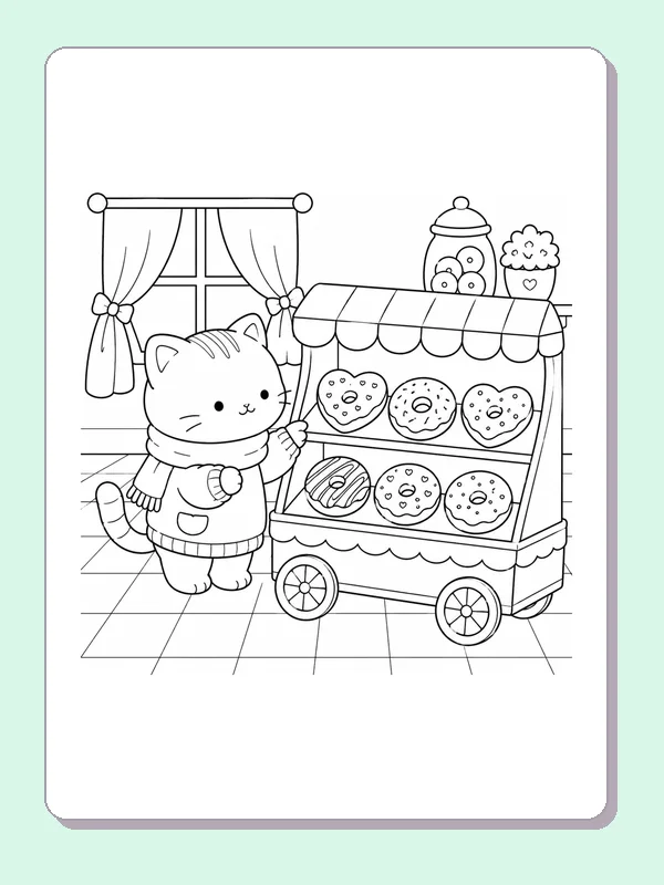 Kitten pushing a rolling donut cart with awning and display rows