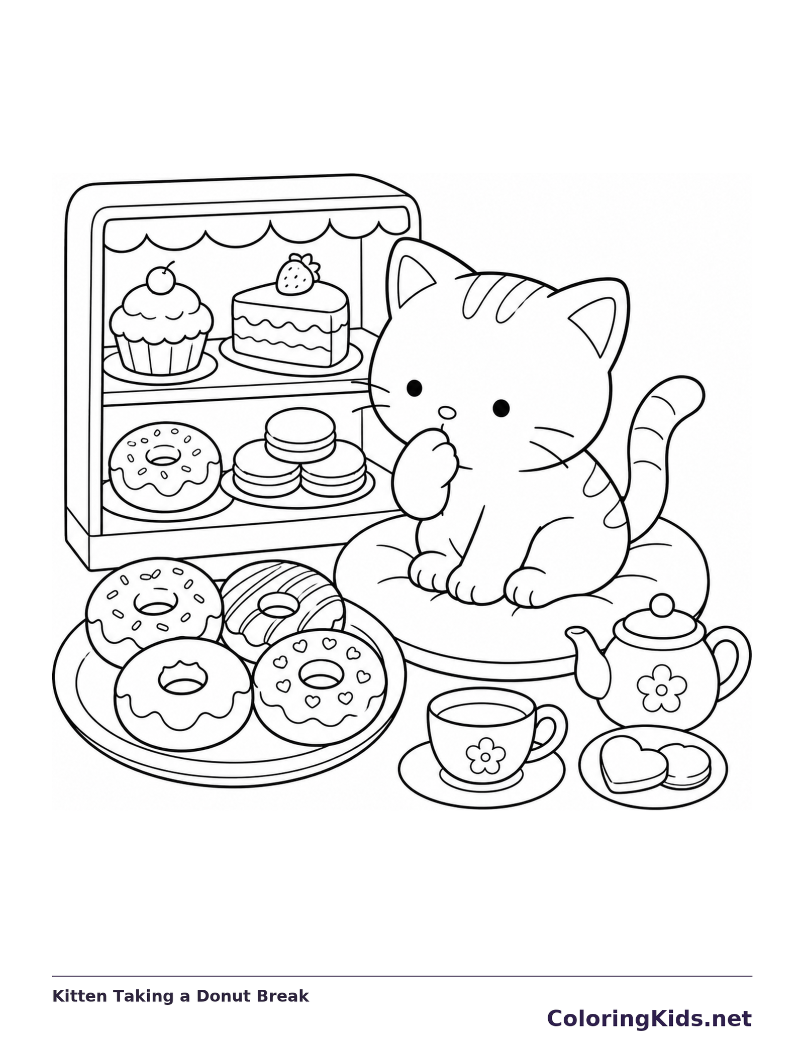 Seated kitten taking a donut break at a table with a warm drink