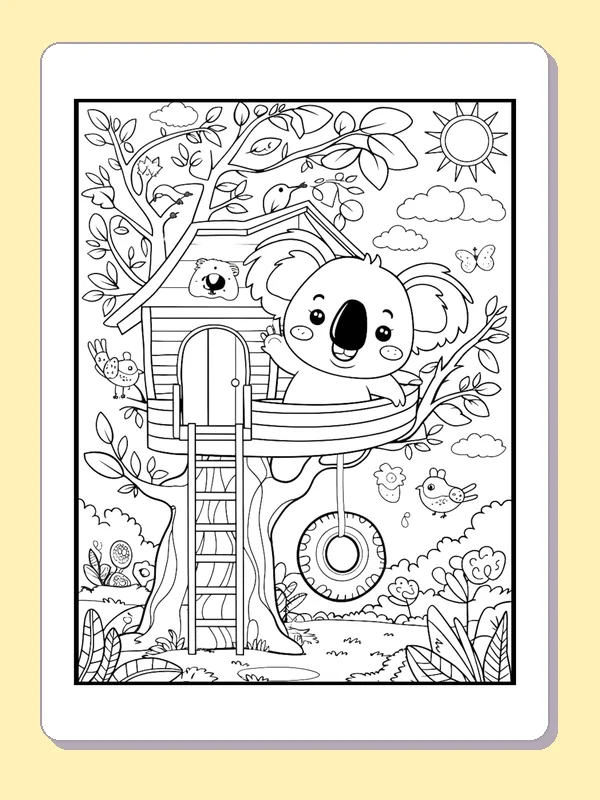 Koala At A Little Treehouse coloring page: black and white line art to print or color online