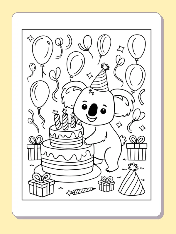 Koala Decorating A Birthday Cake coloring page: black and white line art to print or color online