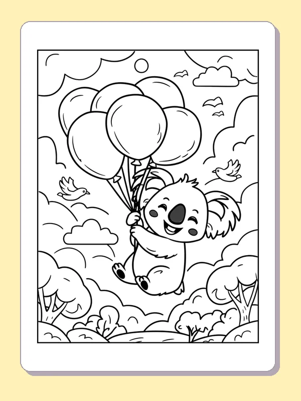 Koala Drifting Over The Trees coloring page: black and white line art to print or color online