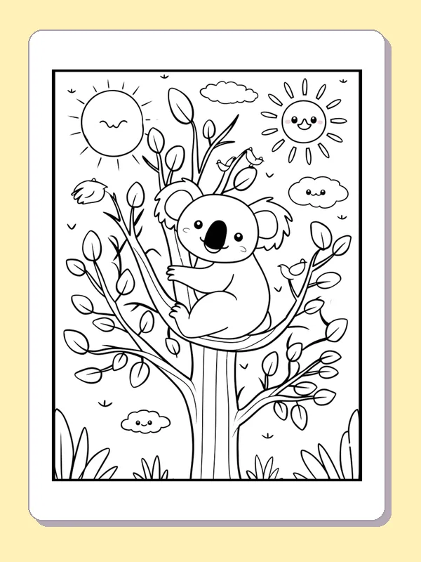 Koala Hugging A Leafy Tree coloring page: black and white line art to print or color online
