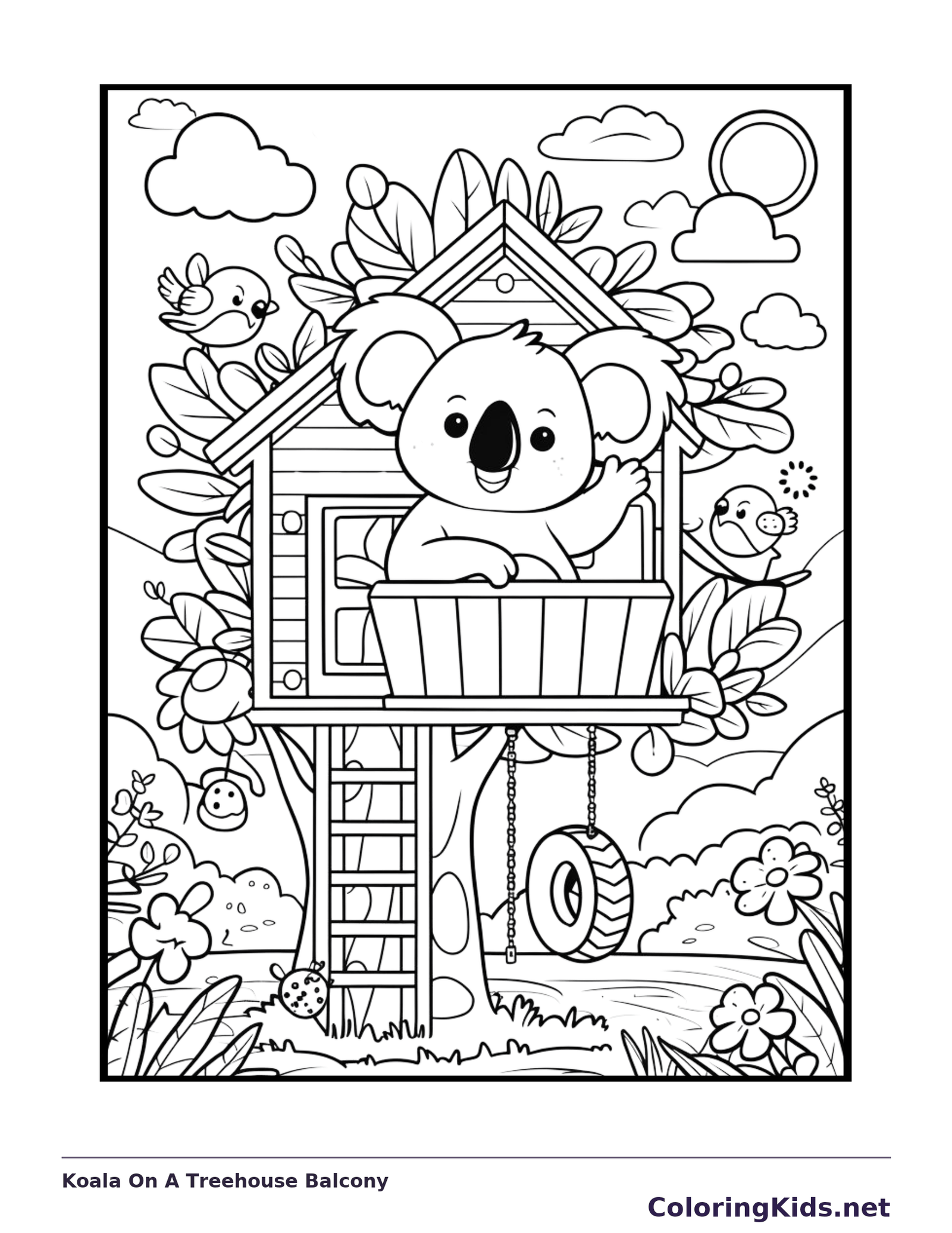 Koala On A Treehouse Balcony coloring page: black and white line art to print or color online